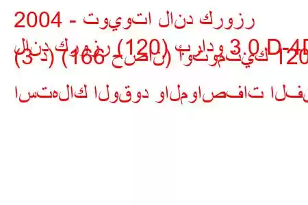 2004 - تويوتا لاند كروزر
لاند كروزر (120) برادو 3.0 D-4D (3 د) (166 حصان) أوتومتيك 120 استهلاك الوقود والمواصفات الفن