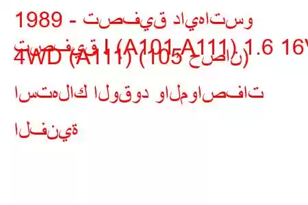 1989 - تصفيق دايهاتسو
تصفيق I (A101,A111) 1.6 16V 4WD (A111) (105 حصان) استهلاك الوقود والمواصفات الفنية