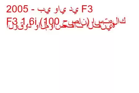 2005 - بي واي دي F3
F3 1.6i (100 حصان) استهلاك الوقود والمواصفات الفنية