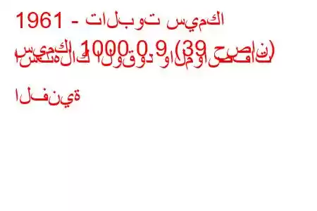 1961 - تالبوت سيمكا
سيمكا 1000 0.9 (39 حصان) استهلاك الوقود والمواصفات الفنية