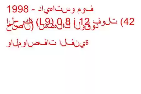 1998 - دايهاتسو موف
الحركة (L9) 0.8 i 12 فولت (42 حصان) استهلاك الوقود والمواصفات الفنية