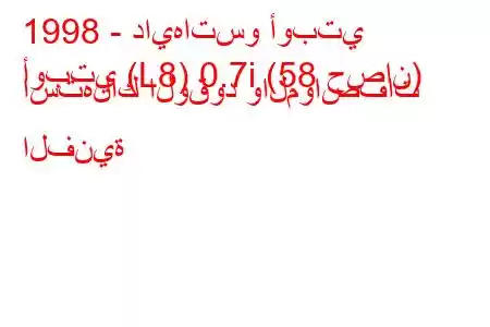 1998 - دايهاتسو أوبتي
أوبتي (L8) 0.7i (58 حصان) استهلاك الوقود والمواصفات الفنية