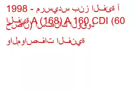 1998 - مرسيدس بنز الفئة أ
الفئة A (168) A 160 CDI (60 حصان) استهلاك الوقود والمواصفات الفنية