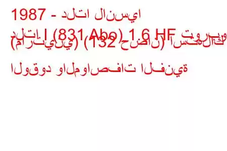 1987 - دلتا لانسيا
دلتا I (831 Abo) 1.6 HF توربو (مارتيني) (132 حصان) استهلاك الوقود والمواصفات الفنية