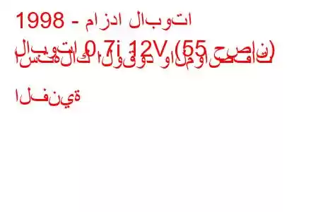 1998 - مازدا لابوتا
لابوتا 0.7i 12V (55 حصان) استهلاك الوقود والمواصفات الفنية