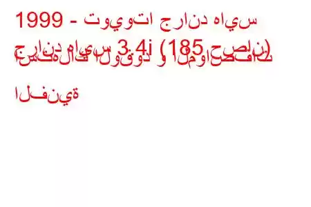 1999 - تويوتا جراند هايس
جراند هايس 3.4i (185 حصان) استهلاك الوقود و المواصفات الفنية