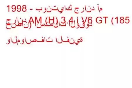 1998 - بونتياك جراند آم
جراند AM (H) 3.4 i V6 GT (185 حصان) استهلاك الوقود والمواصفات الفنية