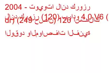 2004 - تويوتا لاند كروزر
لاند كروزر (120) برادو 4.0 V6 (5 dr) (249 حصان) 120 استهلاك الوقود والمواصفات الفنية