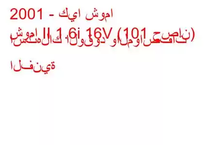 2001 - كيا شوما
شوما II 1.6i 16V (101 حصان) استهلاك الوقود والمواصفات الفنية