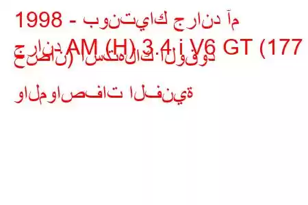 1998 - بونتياك جراند آم
جراند AM (H) 3.4 i V6 GT (177 حصان) استهلاك الوقود والمواصفات الفنية