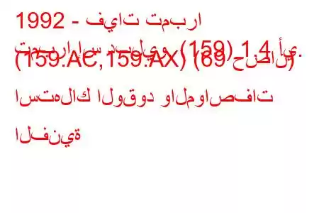 1992 - فيات تمبرا
تمبرا إس دبليو. (159) 1.4 أي. (159.AC,159.AX) (69 حصان) استهلاك الوقود والمواصفات الفنية