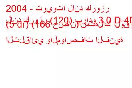 2004 - تويوتا لاند كروزر
لاند كروزر (120) برادو 3.0 D-4D (5 dr) (166 حصان)استهلاك الوقود التلقائي والمواصفات الفنية