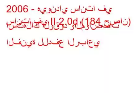 2006 - هيونداي سانتا في
سانتا في II 2.0d (184 حصان) استهلاك الوقود والمواصفات الفنية للدفع الرباعي