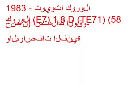 1983 - تويوتا كورولا
كورولا (E7) 1.8 D (TE71) (58 حصان) استهلاك الوقود والمواصفات الفنية