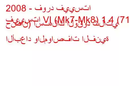 2008 - فورد فييستا
فييستا VI (Mk7-Mk8) 1.4 (71 حصان) استهلاك الوقود ثلاثي الأبعاد والمواصفات الفنية