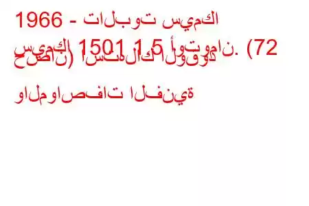 1966 - تالبوت سيمكا
سيمكا 1501 1.5 أوتومان. (72 حصان) استهلاك الوقود والمواصفات الفنية