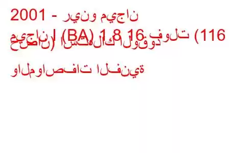 2001 - رينو ميجان
ميجان I (BA) 1.8 16 فولت (116 حصان) استهلاك الوقود والمواصفات الفنية