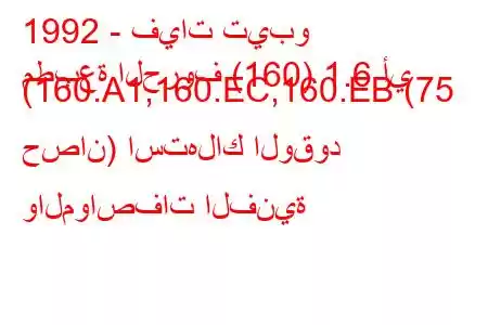 1992 - فيات تيبو
مطبعة الحروف (160) 1.6 أي (160.A1,160.EC,160.EB (75 حصان) استهلاك الوقود والمواصفات الفنية